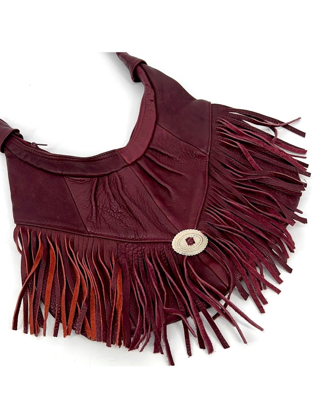 Vintage unbranded maroon leather fringe zippered purse crossbody shoulder bag